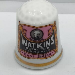 Vintage Ceramic THIMBLE Collectible Gift Watkins Pure Ground Cinnamon Label